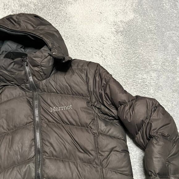 Marmot Coat Womens Medium 700 Down Fill Long Puffer Jacket Black Hooded ** - Picture 2 of 11